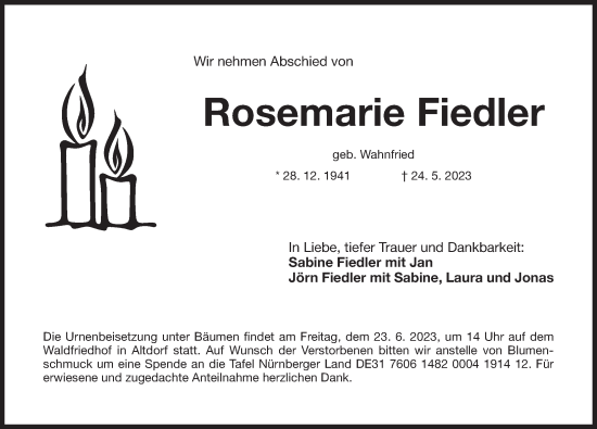 Traueranzeige von Rosemarie Fiedler von Der Bote