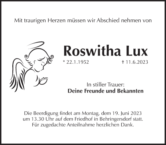 Traueranzeige von Roswitha Lux von Pegnitz-Zeitung