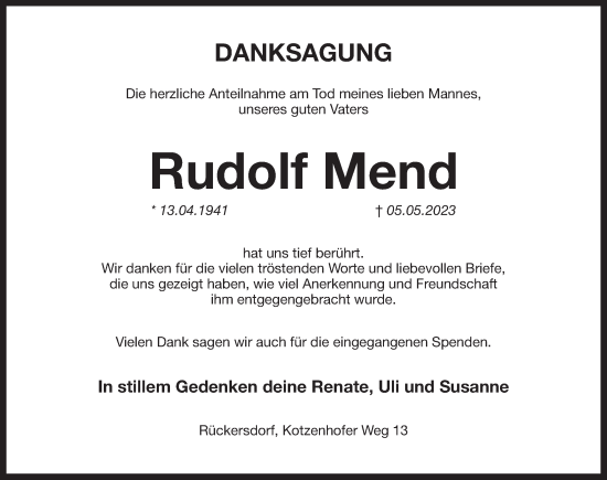 Traueranzeige von Rudolf Mend von Pegnitz-Zeitung