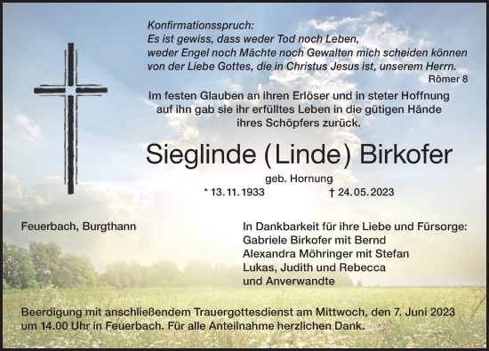 Traueranzeige von Sieglinde Birkofer von Der Bote