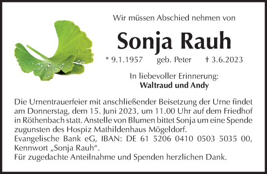Traueranzeige von Sonja Rauh von Pegnitz-Zeitung
