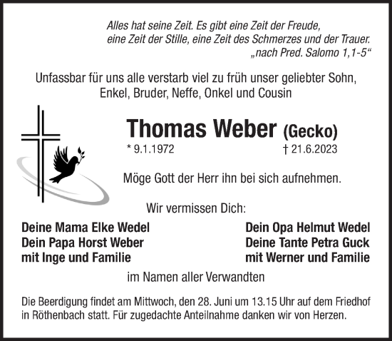 Traueranzeige von Thomas Weber von Pegnitz-Zeitung