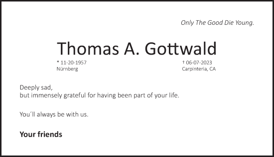 Traueranzeige von Thomas A. Gottwald von Pegnitz-Zeitung