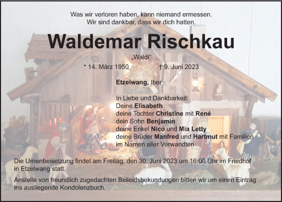 Traueranzeige von Waldemar Rischkau von Hersbrucker Zeitung Lokal