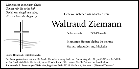 Traueranzeige von Waltraud Ziemann von Hersbrucker Zeitung Lokal