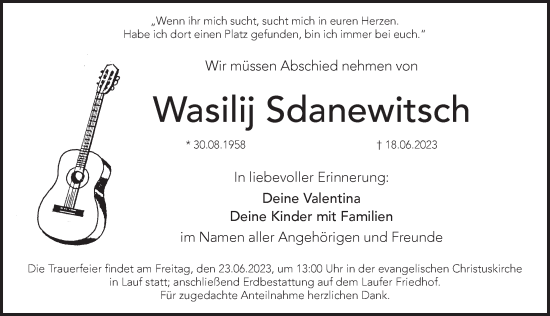 Traueranzeige von Wasilij Sdanewitsch von Pegnitz-Zeitung
