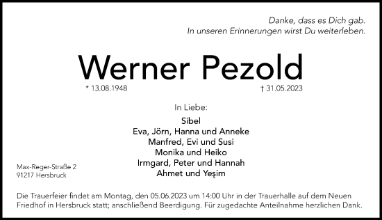 Traueranzeige von Werner Pezold von Hersbrucker Zeitung Lokal