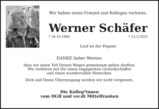 Traueranzeige von Werner Schäfer von Pegnitz-Zeitung