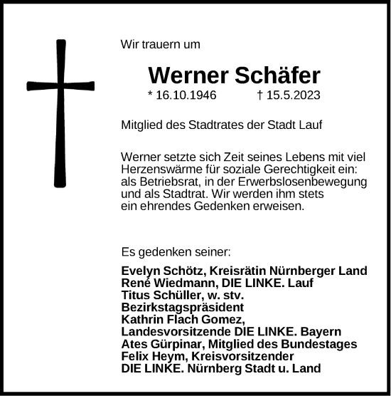 Traueranzeige von Werner Schäfer von Pegnitz-Zeitung
