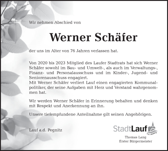Traueranzeige von Werner Schäfer von Pegnitz-Zeitung
