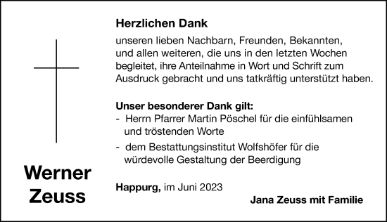 Traueranzeige von Werner Zeuss von Hersbrucker Zeitung Lokal