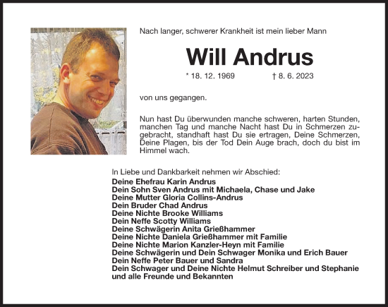 Traueranzeige von Will Andrus von Der Bote