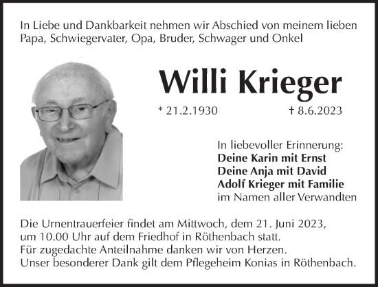 Traueranzeige von Willi Krieger von Pegnitz-Zeitung