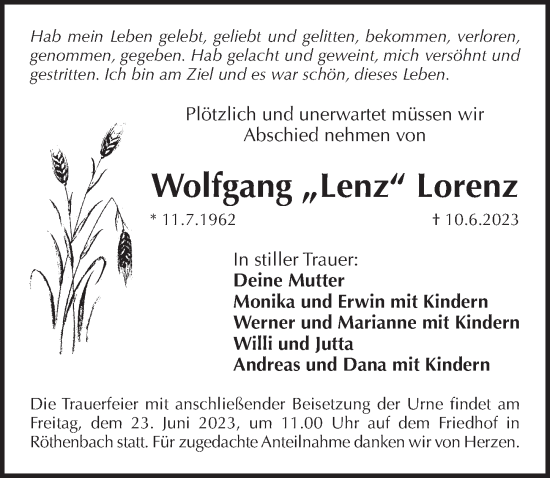 Traueranzeige von Wolfgang Lorenz von Pegnitz-Zeitung