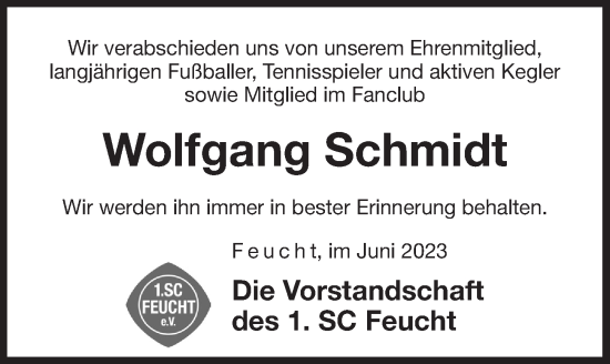 Traueranzeige von Wolfgang Schmidt von Der Bote