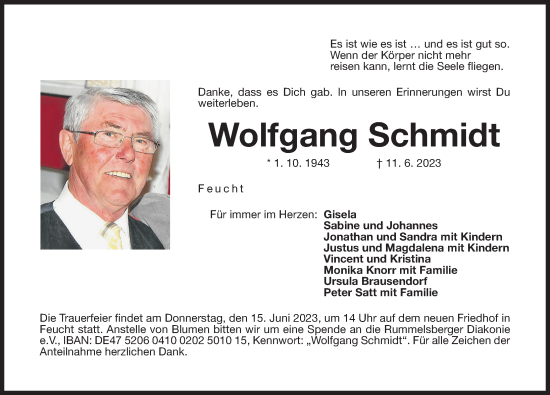 Traueranzeige von Wolfgang Schmidt von Der Bote