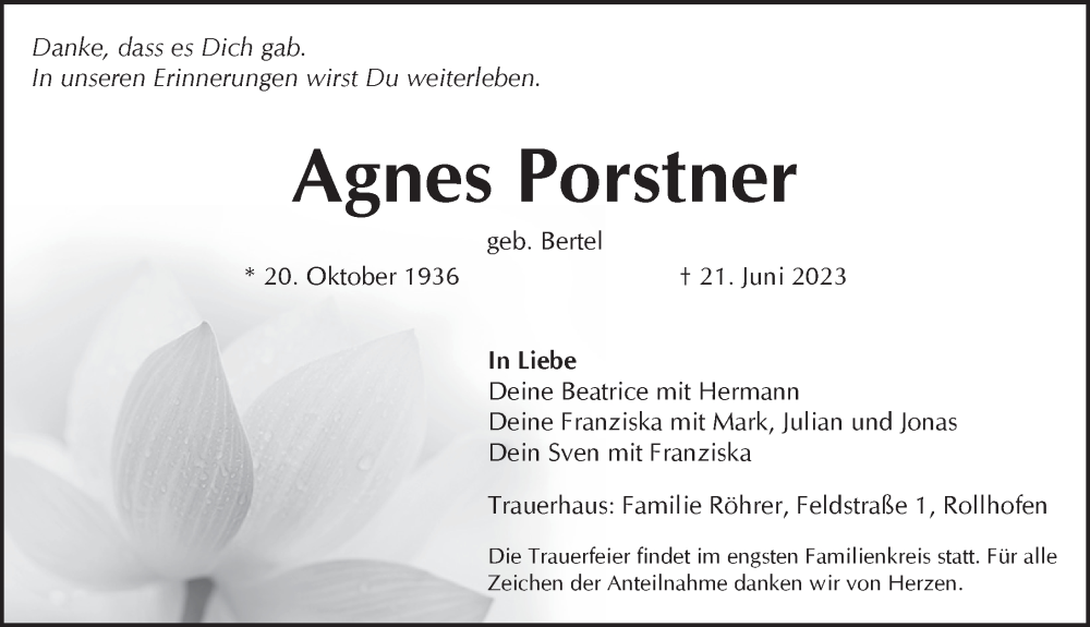  Traueranzeige für Agnes Porstner vom 01.07.2023 aus Pegnitz-Zeitung