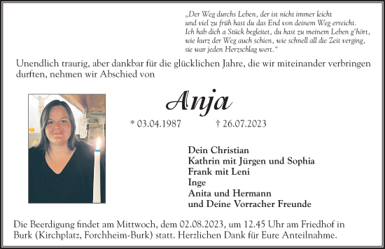 Traueranzeige von Anja  von Hersbrucker Zeitung Lokal