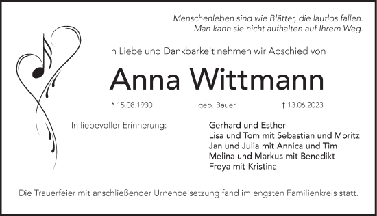 Traueranzeige von Anna Wittmann von Pegnitz-Zeitung