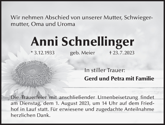 Traueranzeige von Anni Schnellinger von Pegnitz-Zeitung