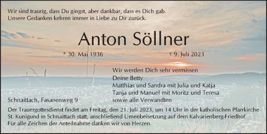 Traueranzeige von Anton Söllner von Pegnitz-Zeitung