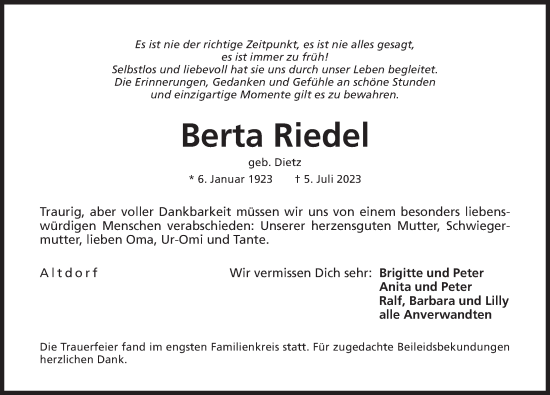 Traueranzeige von Berta Riedel von Der Bote