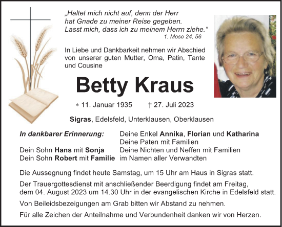 Traueranzeige von Betty Kraus von Hersbrucker Zeitung Lokal
