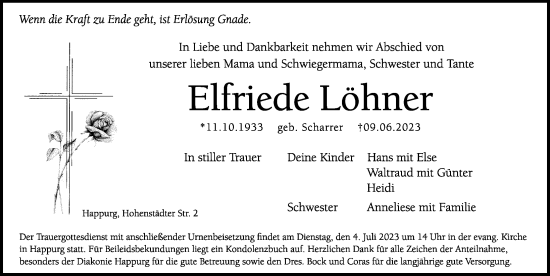 Traueranzeige von Elfriede Löhner von Hersbrucker Zeitung Lokal