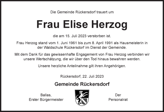Traueranzeige von Elise Herzog von Pegnitz-Zeitung