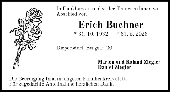 Traueranzeige von Erich Buchner von Pegnitz-Zeitung