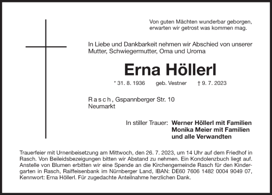 Traueranzeige von Erna Höllerl von Der Bote