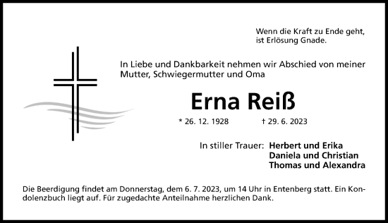 Traueranzeige von Erna Reiß von Hersbrucker Zeitung Lokal