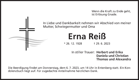 Traueranzeige von Erna Reiß von Der Bote