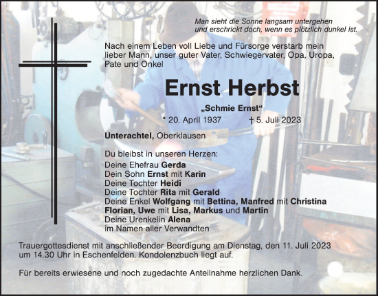 Traueranzeige von Ernst Herbst von Hersbrucker Zeitung Lokal