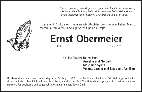 Traueranzeige von Ernst Obermeier von Pegnitz-Zeitung