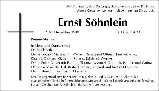 Traueranzeige von Ernst Söhnlein von Hersbrucker Zeitung Lokal
