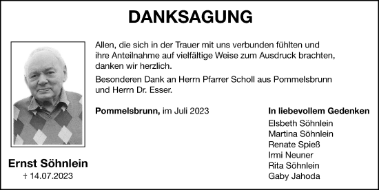Traueranzeige von Ernst Söhnlein von Hersbrucker Zeitung Lokal