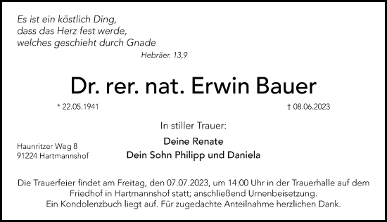 Traueranzeige von Erwin Bauer von Hersbrucker Zeitung Lokal