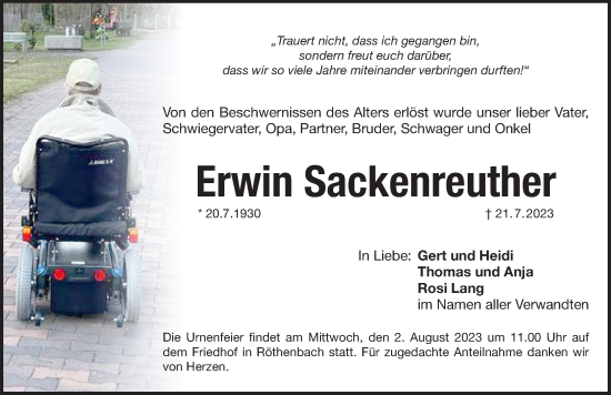 Traueranzeige von Erwin Sackenreuther von Pegnitz-Zeitung