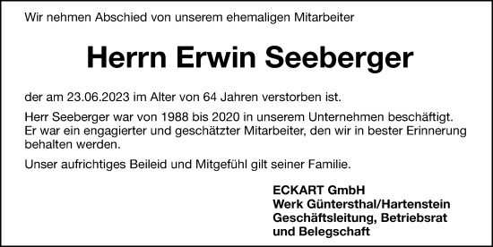 Traueranzeige von Erwin Seeberger von Hersbrucker Zeitung Lokal