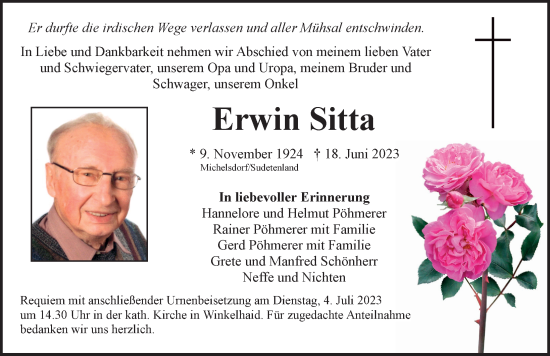 Traueranzeige von Erwin Sitta von Der Bote