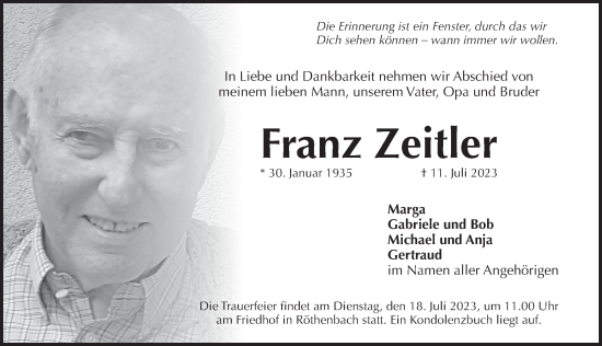 Traueranzeige von Franz Zeitler von Pegnitz-Zeitung