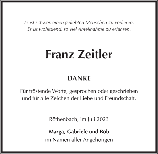Traueranzeige von Franz Zeltler von Pegnitz-Zeitung