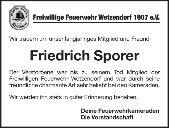 Traueranzeige von Friedrich Sporer von Pegnitz-Zeitung