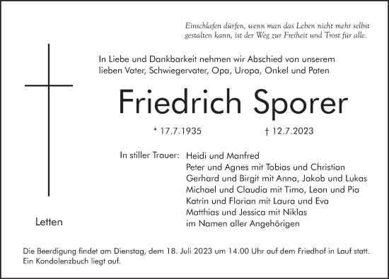 Traueranzeige von Friedrich Sporer von Pegnitz-Zeitung