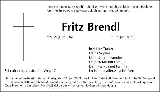 Traueranzeige von Fritz Brendl von Pegnitz-Zeitung