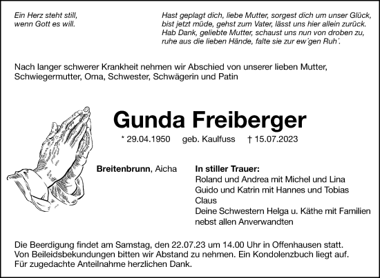 Traueranzeige von Gunda Freiberger von Hersbrucker Zeitung Lokal