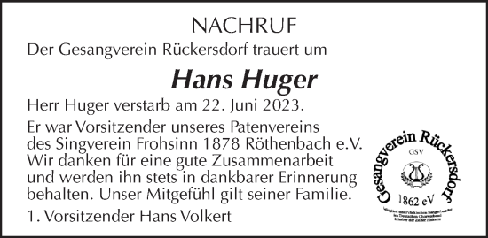 Traueranzeige von Hans Huger von Pegnitz-Zeitung