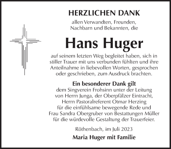 Traueranzeige von Hans Huger von Pegnitz-Zeitung