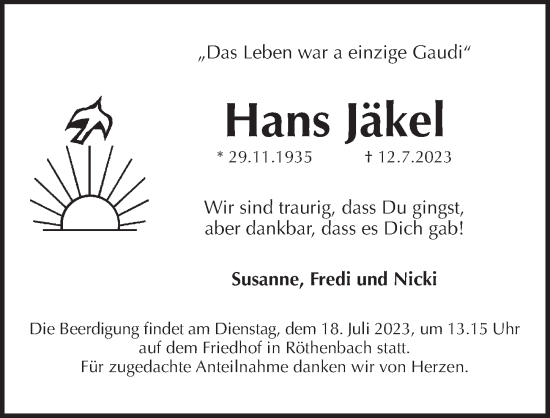 Traueranzeige von Hans Jäkel von Pegnitz-Zeitung